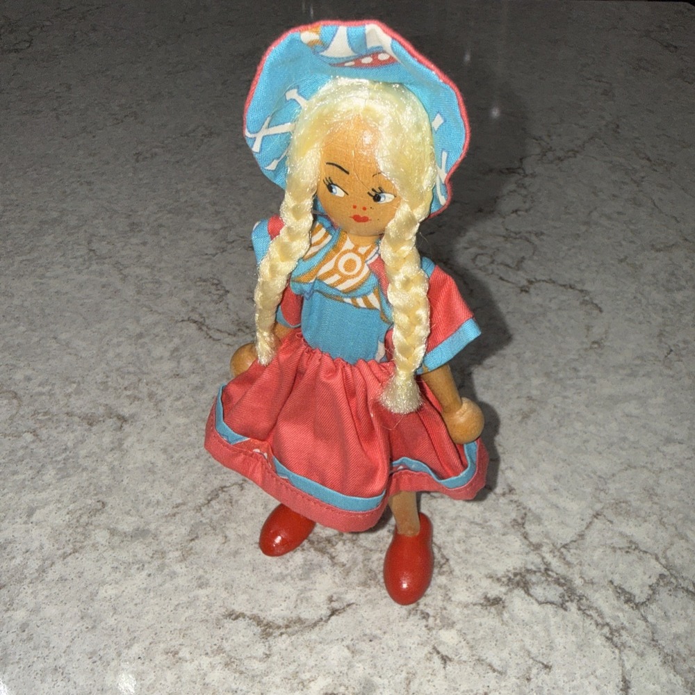 Vintage Polish Wood Peg Doll Girl In Red Blue Dress Bonnet Blonde Braids 7 Inch